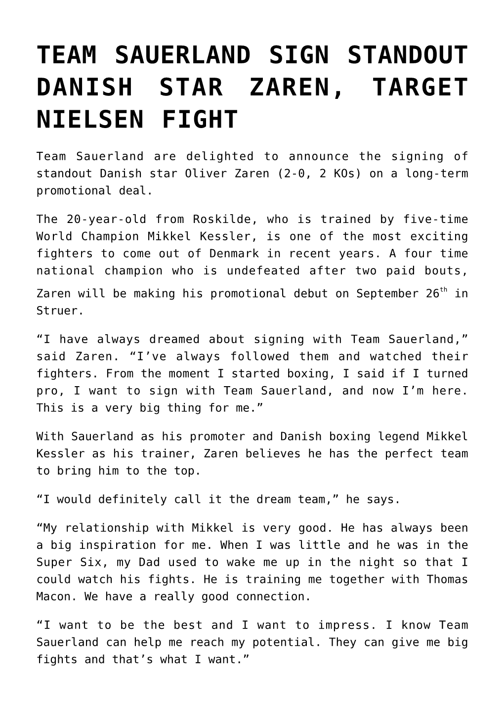 Team Sauerland Sign Standout Danish Star Zaren, Target Nielsen Fight