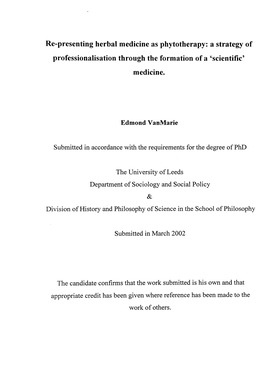 Edmond Vanmarie the University of Leeds Department of Sociology and Social Policy Division of History and Philosophy of Science