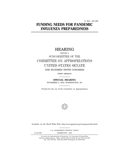 Funding Needs for Pandemic Influenza Preparedness Hearing Committee on Appropriations United States Senate