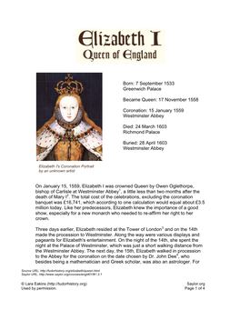 On January 15, 1559, Elizabeth I Was Crowned Queen by Owen