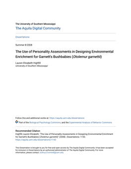 The Use of Personality Assessments in Designing Environmental Enrichment for Garnett's Bushbabies (Otolemur Garnettii)
