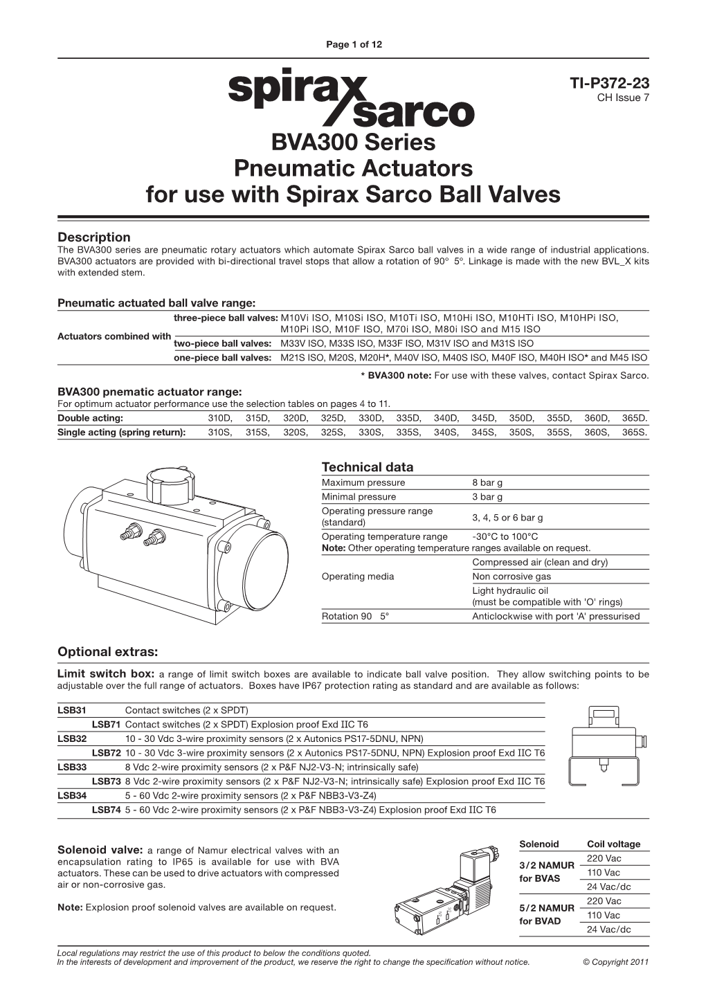 BVA300 Series Pneumatic Actuators for Use with Spirax Sarco Ball Valves