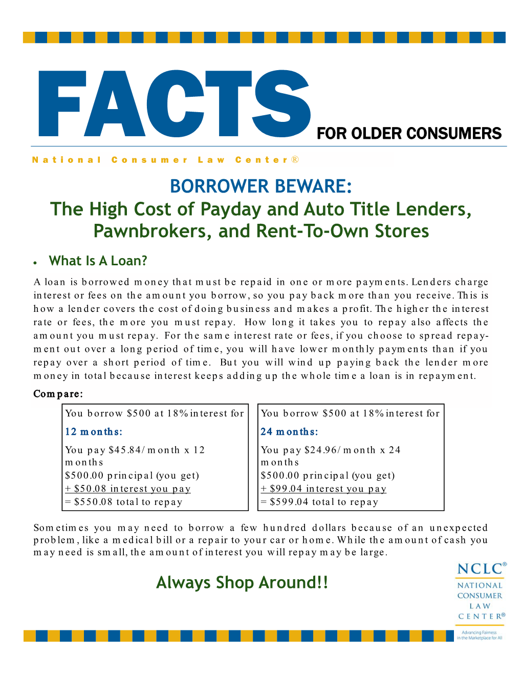 BORROWER BEWARE: the High Cost of Payday and Auto Title Lenders, Pawnbrokers, and Rent-To-Own Stores