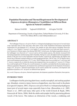 Population Fluctuation and Thermal Requirement for Development of Empoasca Decipiens (Homoptera, Cicadellidae) on Different Bean Species in Natural Conditions