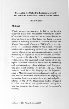 Language, Identity, and Power in Mauritania Under French Control
