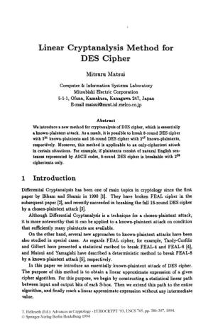 Linear Cryptanalysis Method for DES Cipher