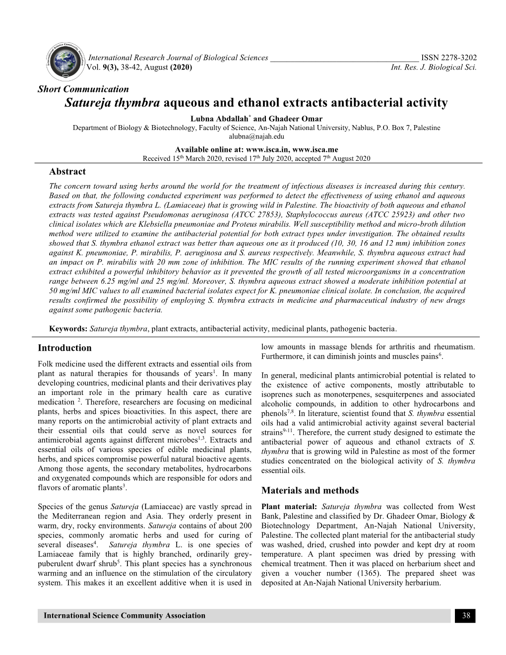 Satureja Thymbra Aqueous and Ethanol Extracts Antibacterial Activity