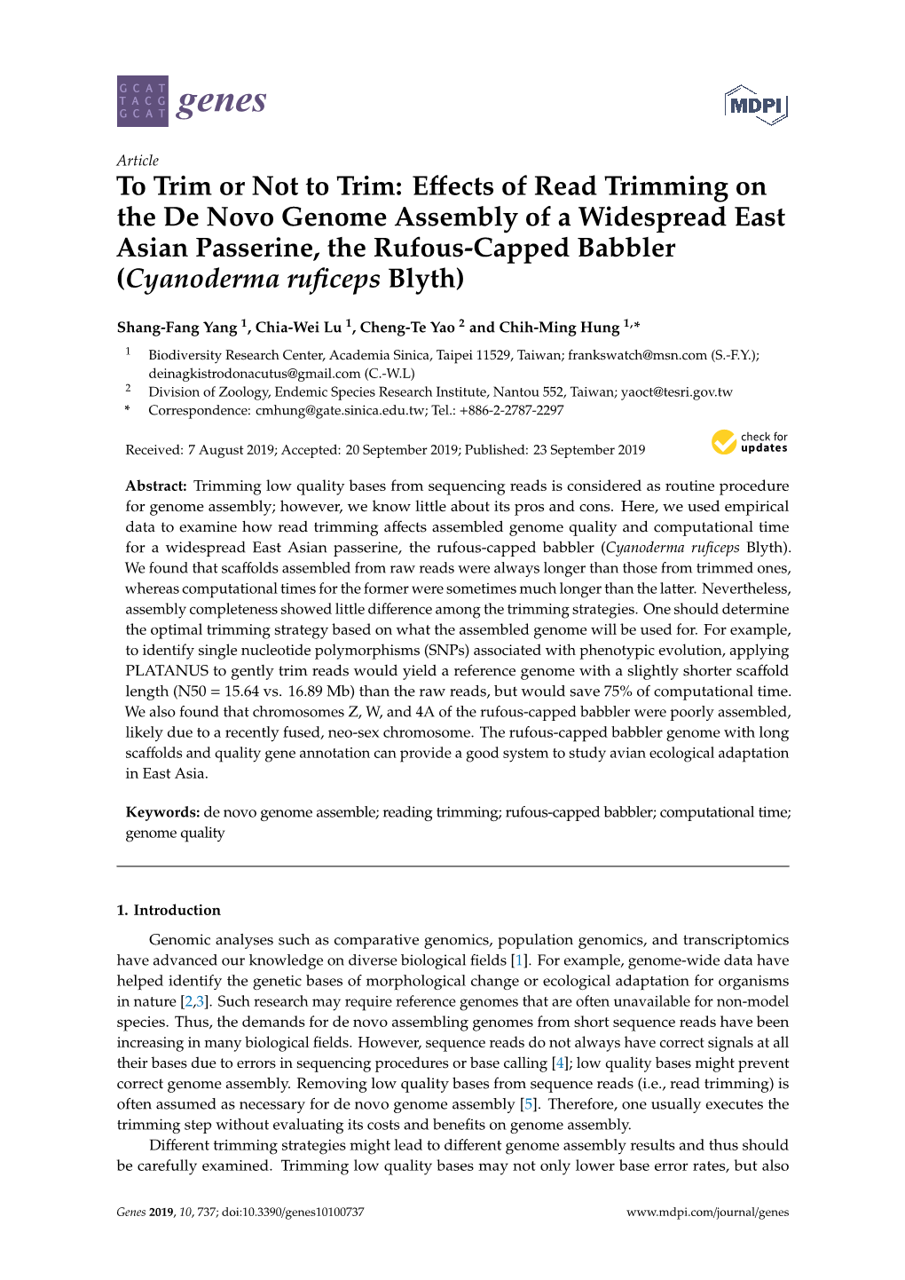 Effects of Read Trimming on the De Novo Genome Assembly Of