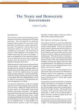 The Treaty and Democratic Government Andrew Ladley