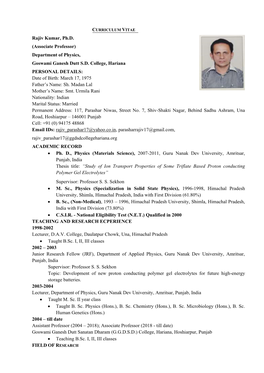 CURRICULUM VITAE Rajiv Kumar, Ph.D