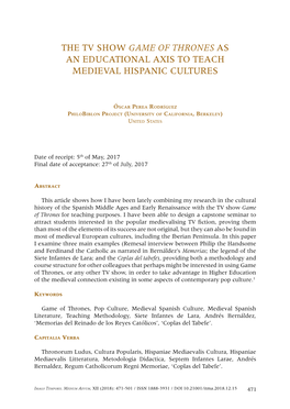 The Tv Show Game of Thrones As an Educational Axis to Teach Medieval Hispanic Cultures