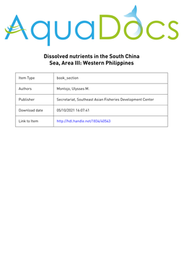 Dissolved Nutrients in the South China Sea, Area III: Western Philippines