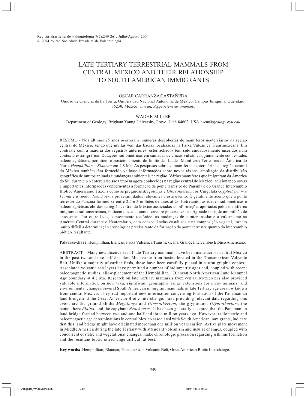 Late Tertiary Terrestrial Mammals from Central Mexico and Their Relationship to South American Immigrants