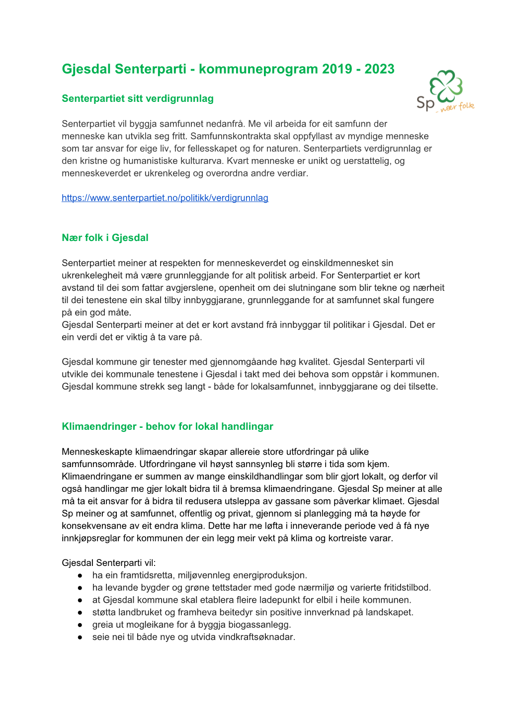 Gjesdal Senterparti - Kommuneprogram 2019 - 2023