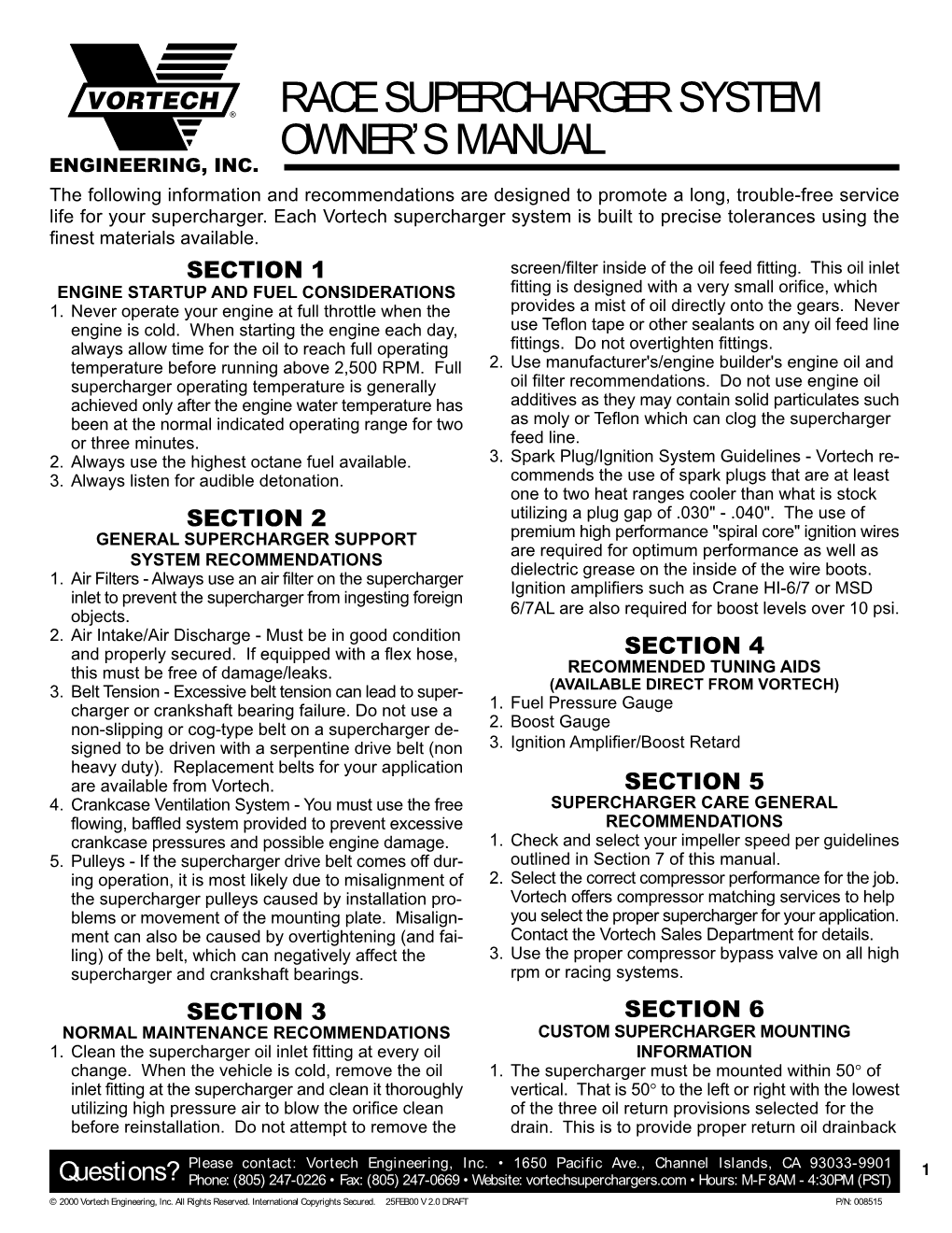 Race Supercharger System Owner's Manual