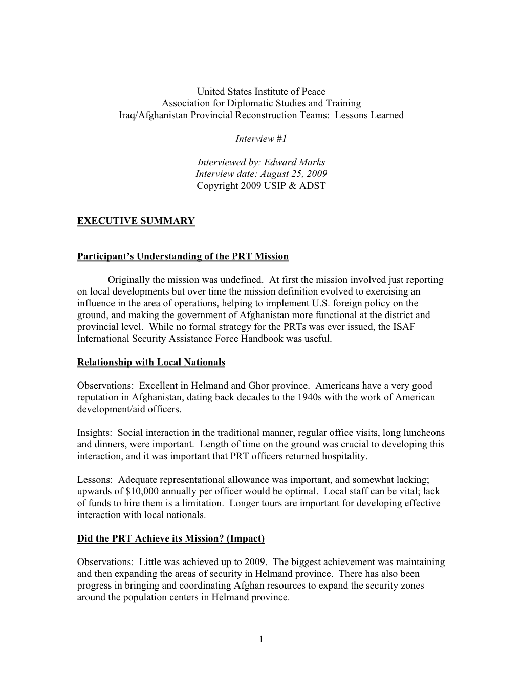 United States Institute of Peace Association for Diplomatic Studies and Training Iraq/Afghanistan Provincial Reconstruction Teams: Lessons Learned