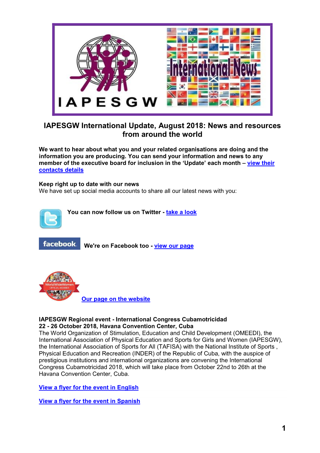 1 IAPESGW International Update, August 2018