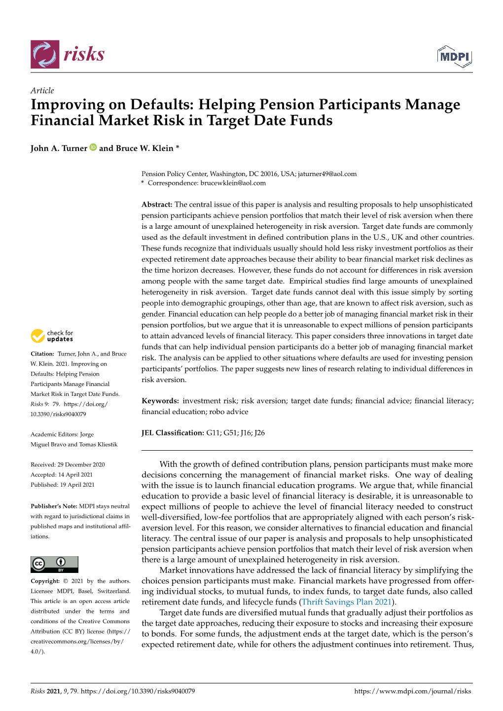 Helping Pension Participants Manage Financial Market Risk in Target Date Funds