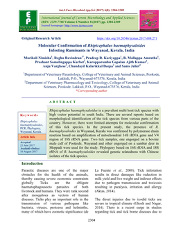 Molecular Confirmation of Rhipicephalus Haemaphysaloides Infesting Ruminants in Wayanad, Kerala, India