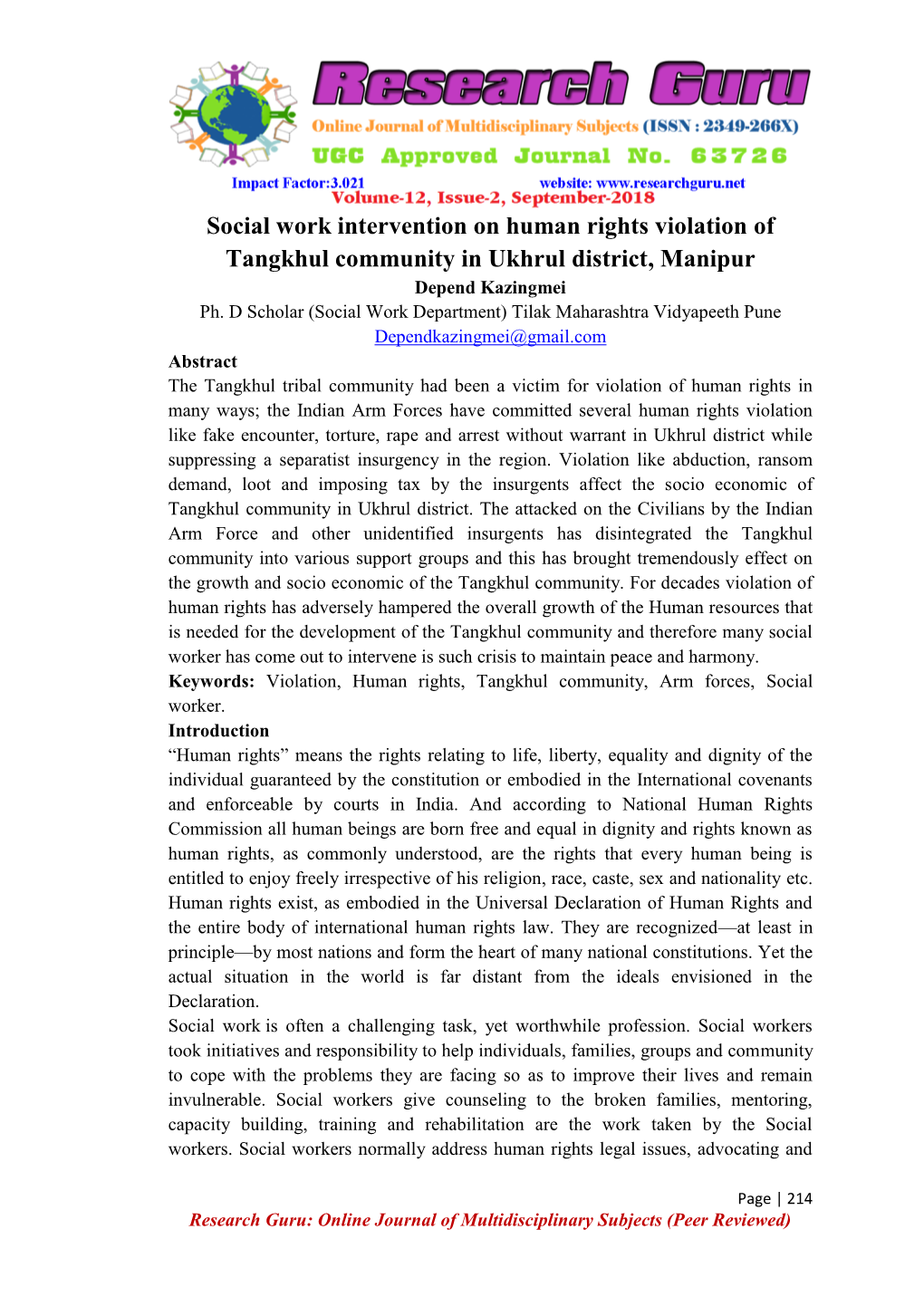 Social Work Intervention on Human Rights Violation of Tangkhul Community in Ukhrul District, Manipur Depend Kazingmei Ph