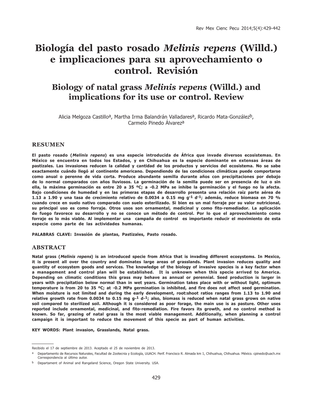 Biología Del Pasto Rosado Melinis Repens (Willd.) E Implicaciones Para Su Aprovechamiento O Control. Revisión