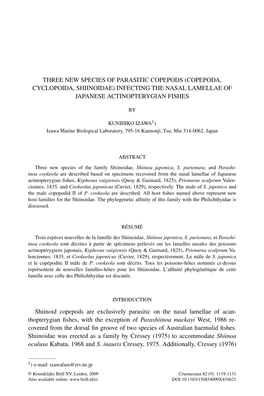 Copepoda, Cyclopoida, Shiinoidae) Infecting the Nasal Lamellae of Japanese Actinopterygian Fishes
