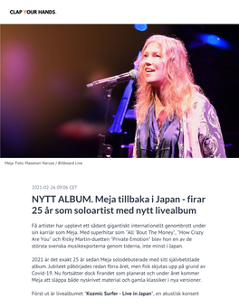 NYTT ALBUM. Meja Tillbaka I Japan - Firar 25 År Som Soloartist Med Nytt Livealbum