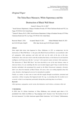 Original Paper the Tulsa Race Massacre, White Supremacy and the Destruction of Black Wall Street