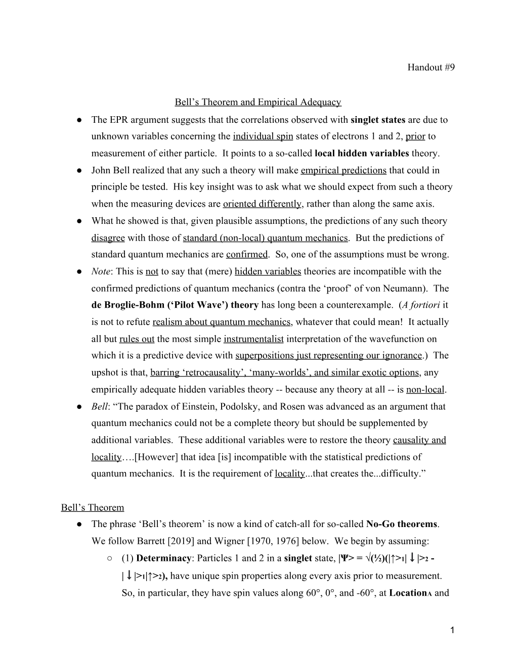 Handout #9 Bell's Theorem and Empirical Adequacy the EPR