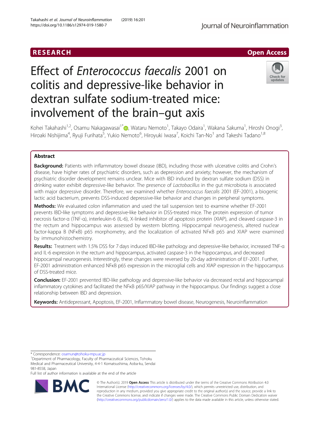 Effect of Enterococcus Faecalis 2001 on Colitis and Depressive-Like Behavior in Dextran Sulfate Sodium-Treated Mice: Involvement