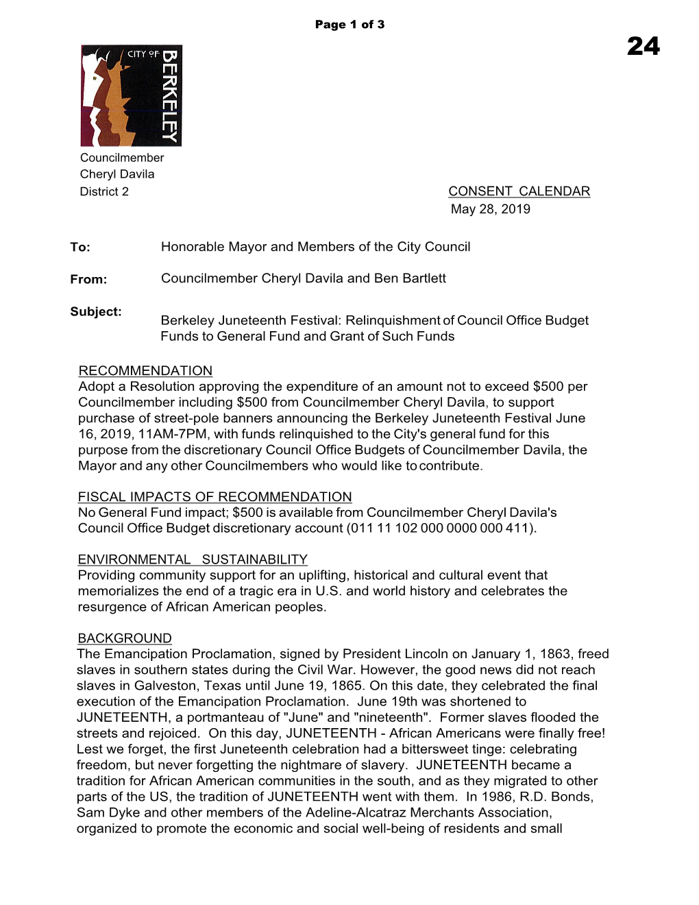 Councilmember Cheryl Davila District 2 CONSENT CALENDAR May 28, 2019