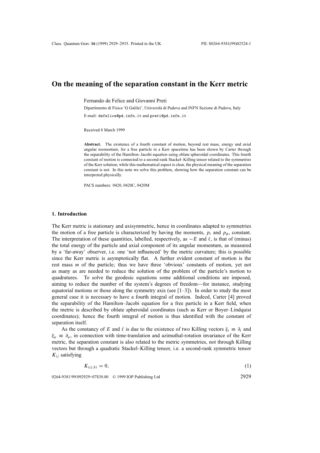 On the Meaning of the Separation Constant in the Kerr Metric