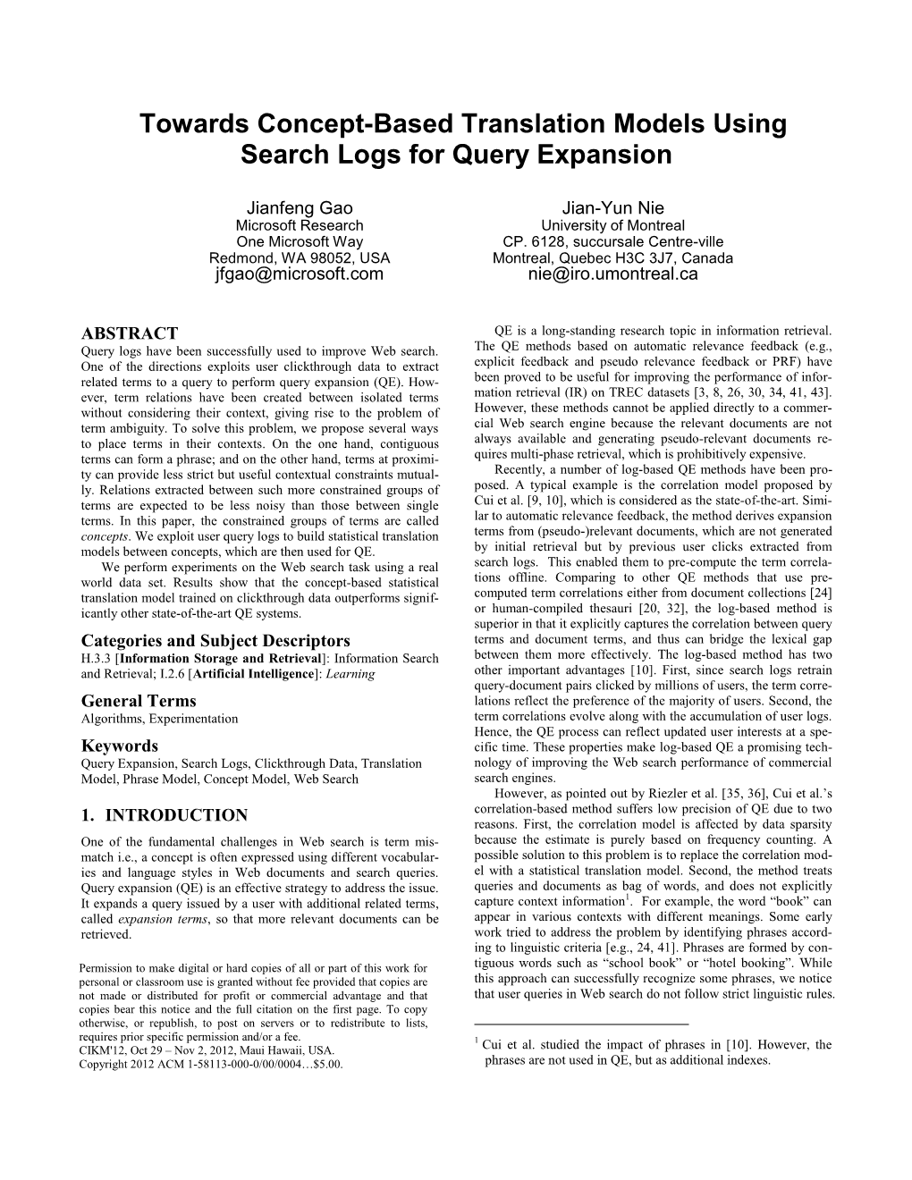 Towards Concept-Based Translation Models Using Search Logs for Query Expansion