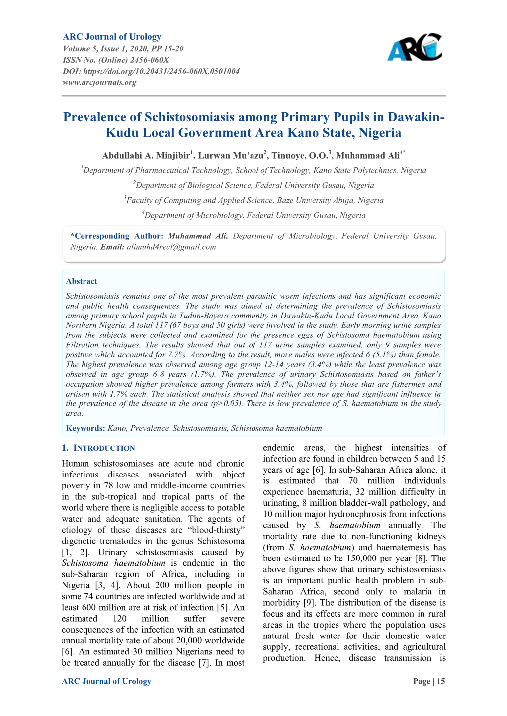 Prevalence of Schistosomiasis Among Primary Pupils in Dawakin- Kudu Local Government Area Kano State, Nigeria