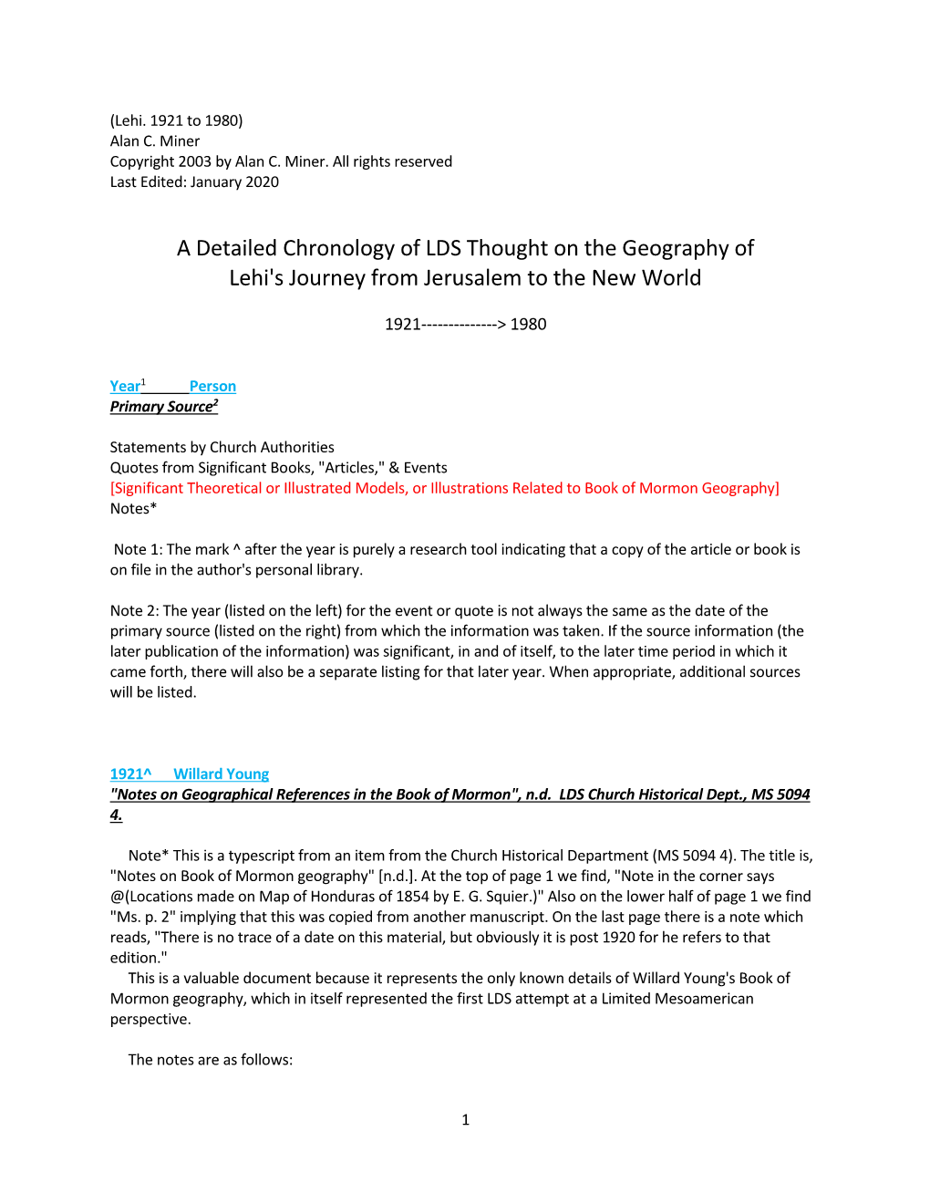 A Detailed Chronology of LDS Thought on the Geography of Lehi's Journey from Jerusalem to the New World