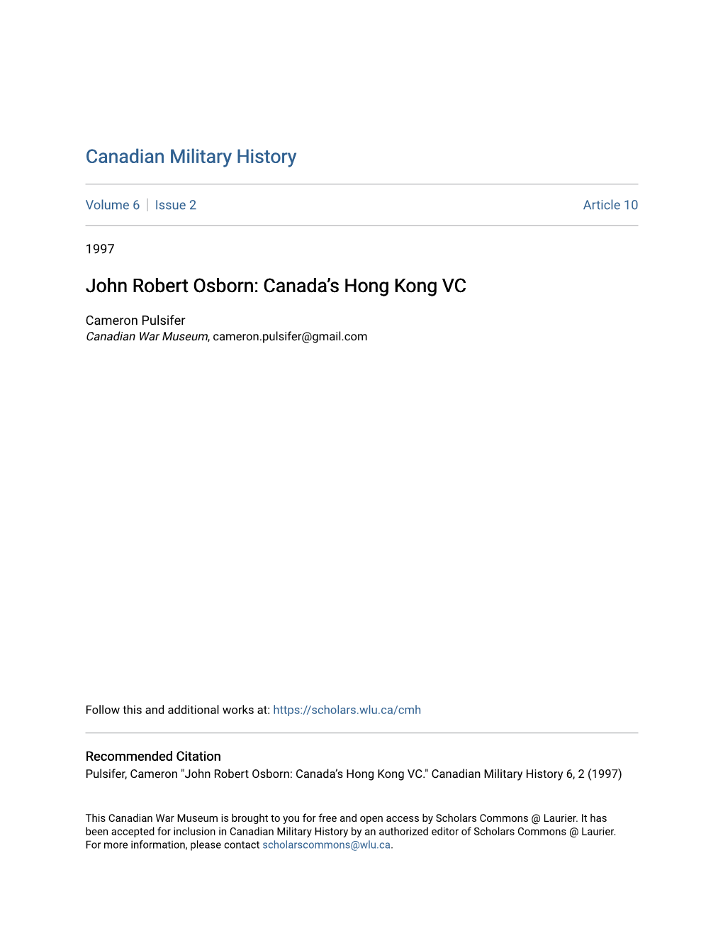 John Robert Osborn: Canada's Hong Kong VC