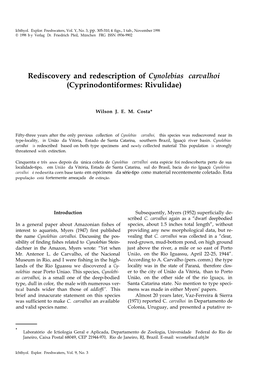 Rediscovery and Redescription of Cynolebias Carvalhoi (Cyprinodontiformes: Rivulidae)