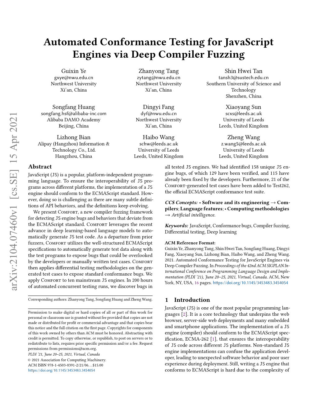 Automated Conformance Testing for Javascript Engines Via Deep Compiler Fuzzing