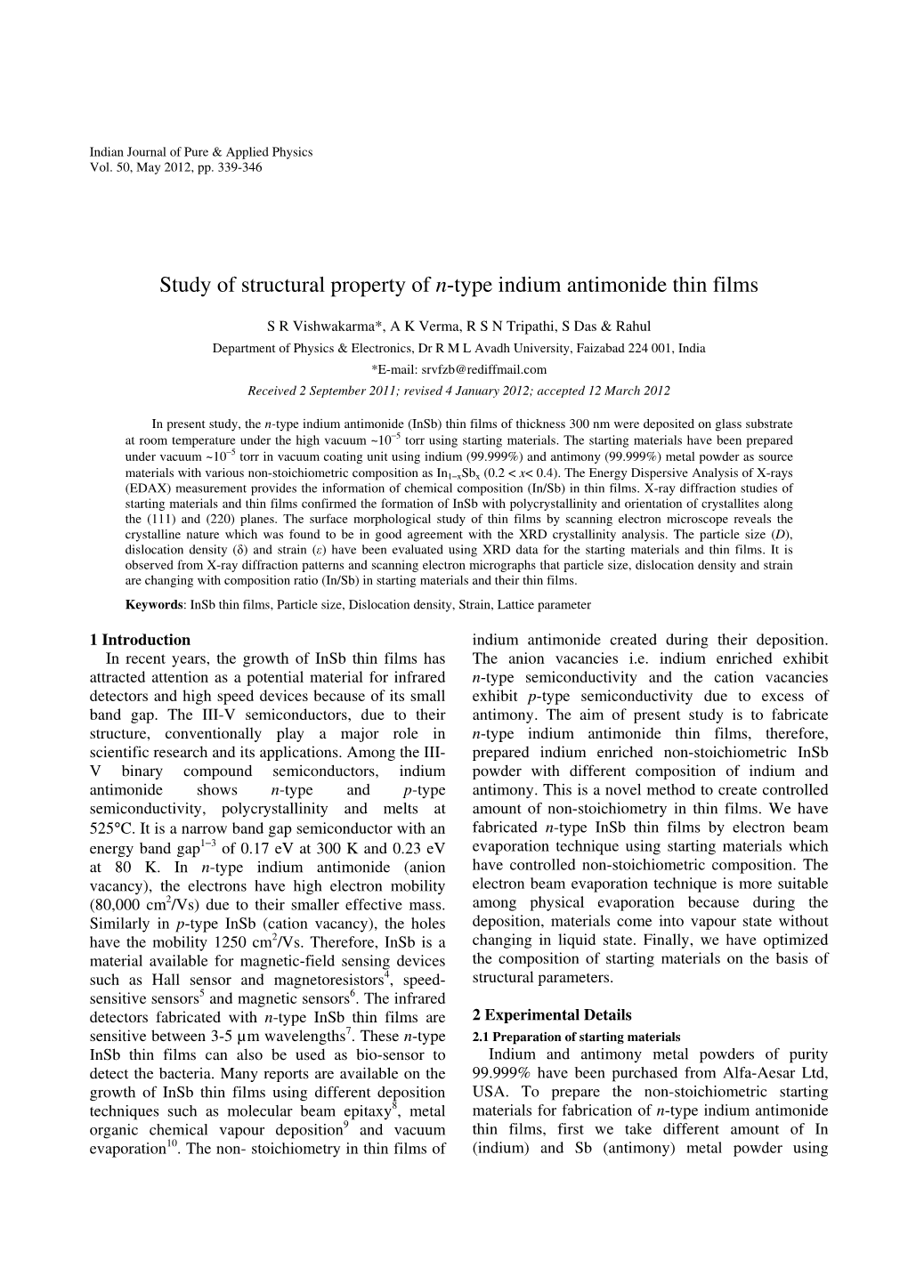 Study of Structural Property of N-Type Indium Antimonide Thin Films