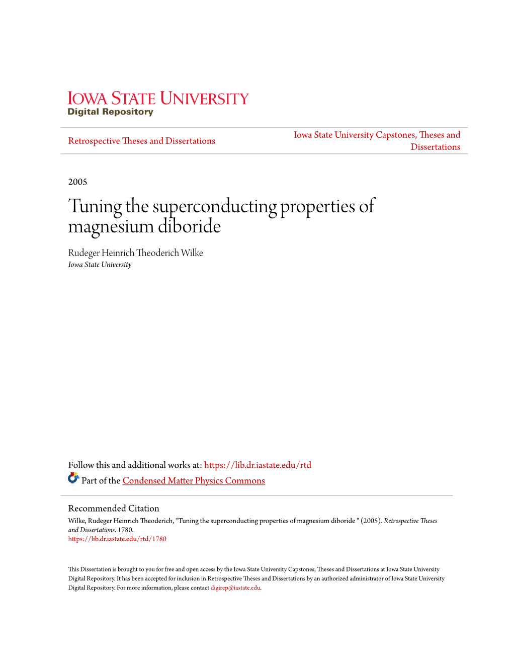 Tuning the Superconducting Properties of Magnesium Diboride Rudeger Heinrich Theoderich Wilke Iowa State University