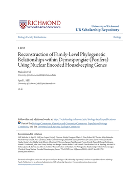 (Porifera) Using Nuclear Encoded Housekeeping Genes Malcolm Hill University of Richmond, Mhill2@Richmond.Edu