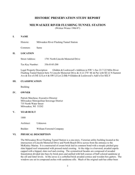 Historic Preservation Study Report Milwaukee River Flushing Tunnel Station