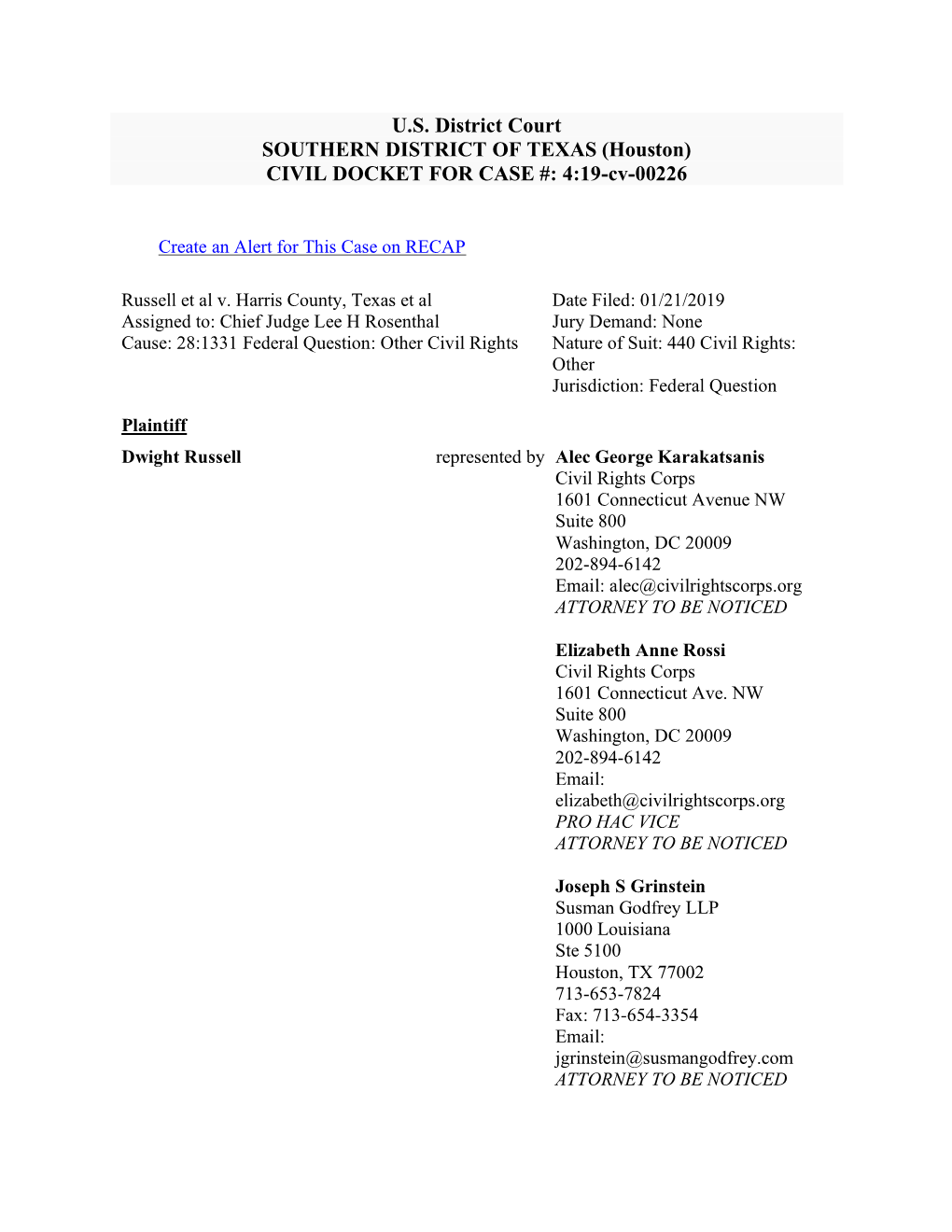 U.S. District Court SOUTHERN DISTRICT of TEXAS (Houston) CIVIL DOCKET for CASE #: 4:19-Cv-00226