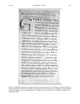 The Laws of Ęthelberht of Kent, the First Page of the Only Manuscript Copy, the Textus Roffensis, from the Collection of the De