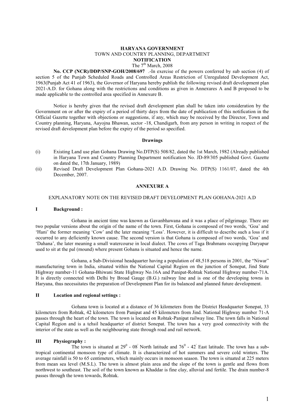 HARYANA GOVERNMENT TOWN and COUNTRY PLANNING, DEPARTMENT NOTIFICATION the 7Th March, 2008 No