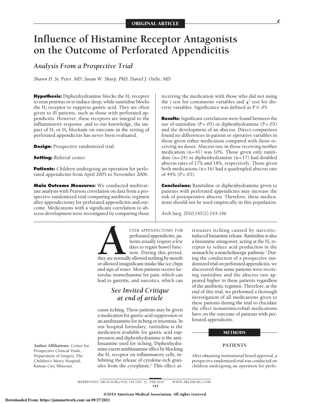 Influence of Histamine Receptor Antagonists on the Outcome of Perforated Appendicitis Analysis from a Prospective Trial