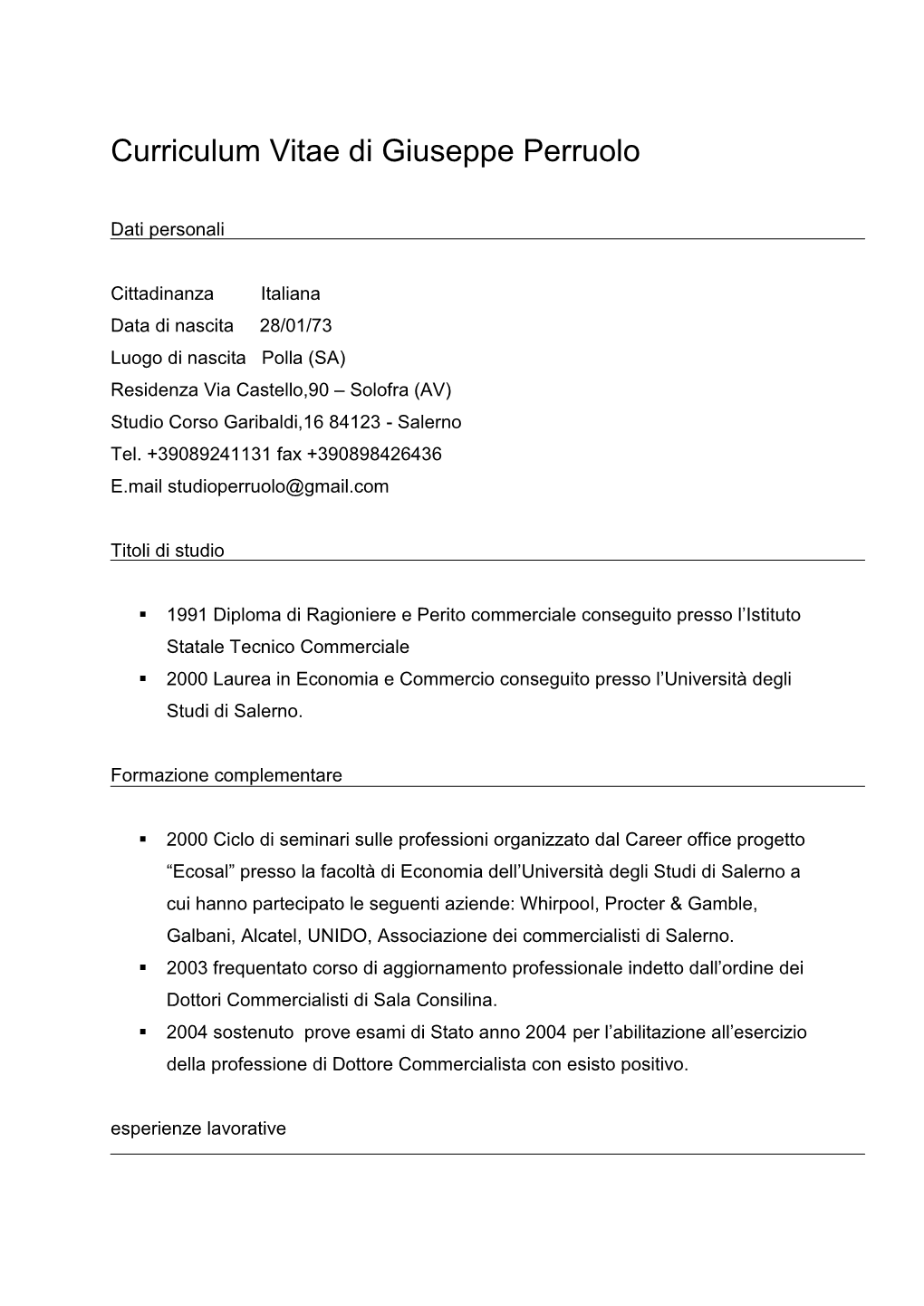 Curriculum Vitae Di Giuseppe Perruolo