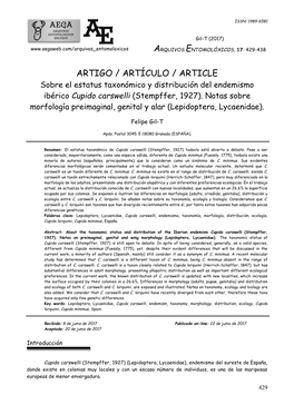 ARTIGO / ARTÍCULO / ARTICLE Sobre El Estatus Taxonómico Y Distribución Del Endemismo Ibérico Cupido Carswelli (Stempffer, 1927)