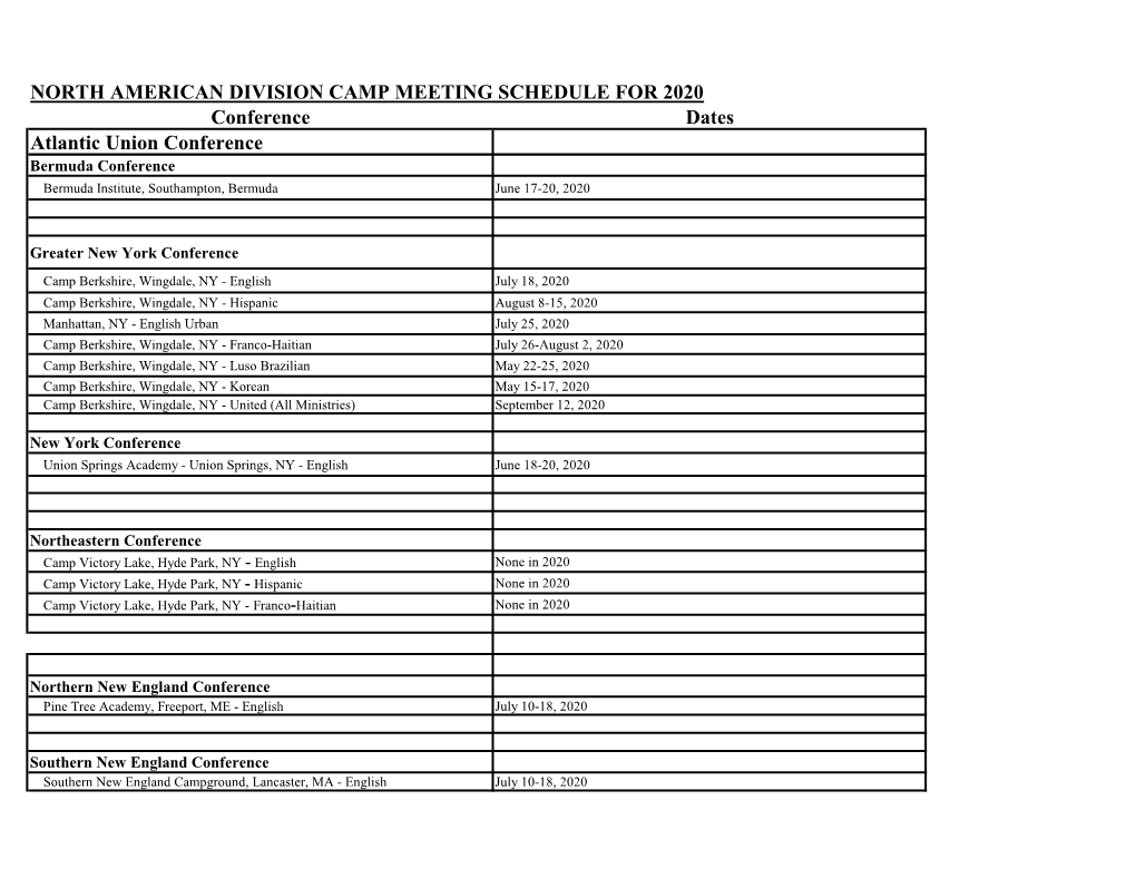 North American Division Camp Meeting Schedule for 2020