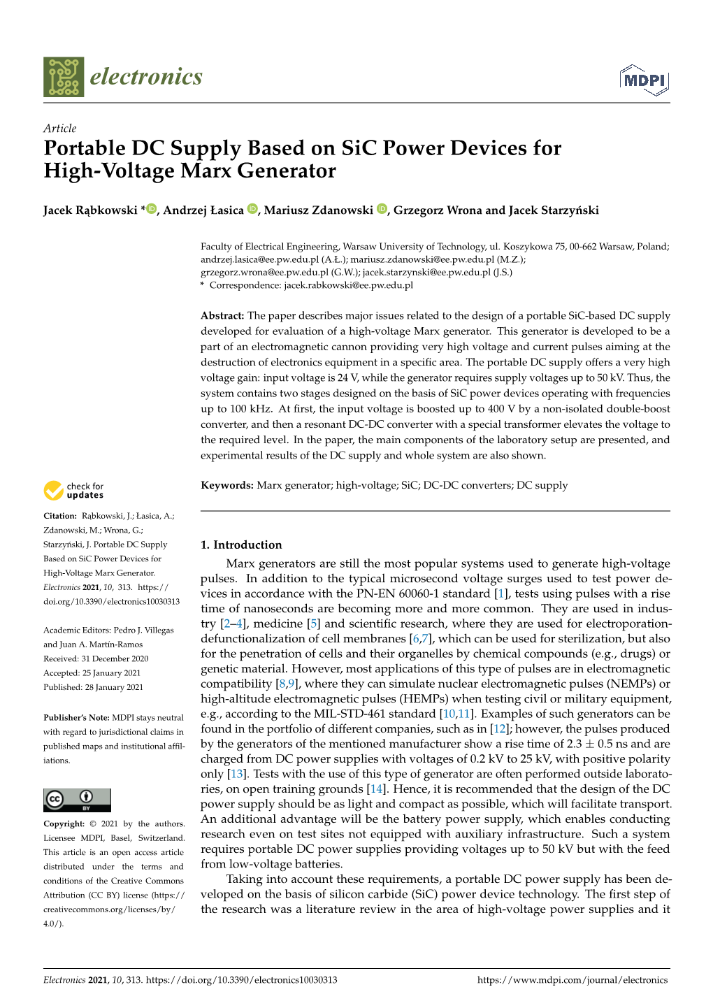 Portable DC Supply Based on Sic Power Devices for High-Voltage Marx Generator